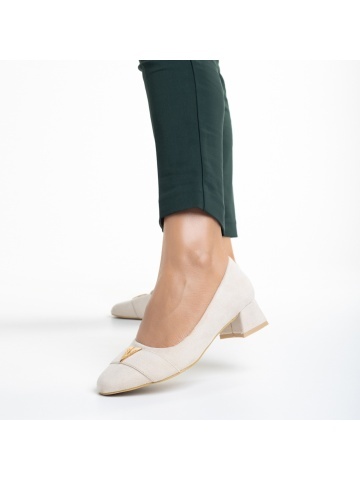 Pantofi dama bej deschis din material textil cu toc Briella - Img 2