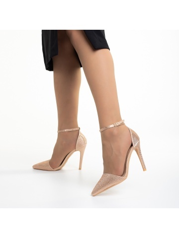 Pantofi dama bej din material textil cu toc Olamide - Img 2
