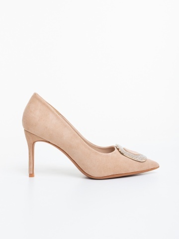 Pantofi dama cu toc bej din material textil Nobelia - Img 4