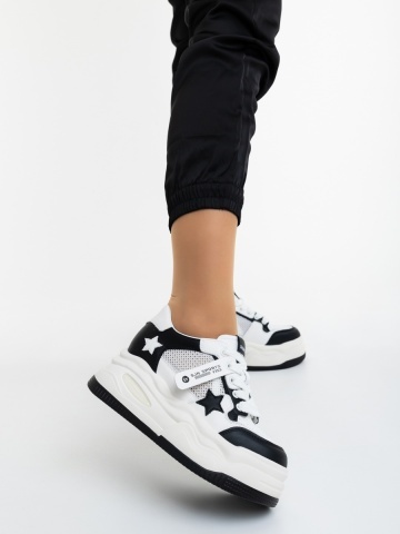 Pantofi sport dama albi cu negru din piele ecologica si material textil Melea