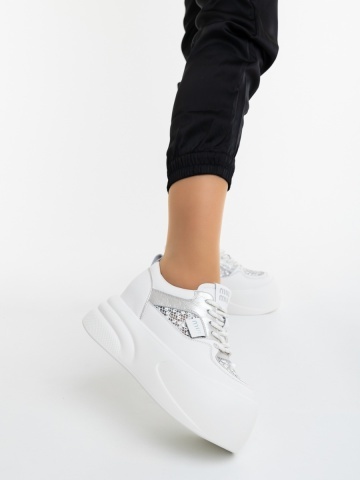 Pantofi sport dama cu platforma albi cu argintiu din piele ecologica Trinka
