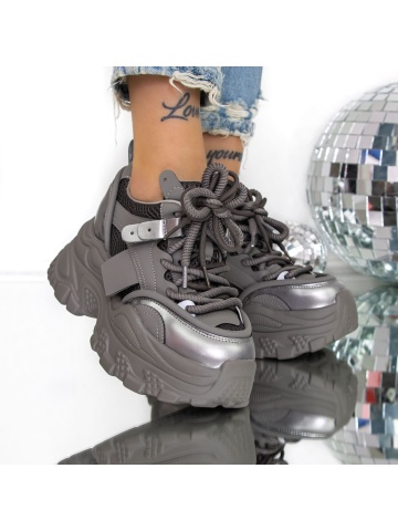 Pantofi sport dama cu platforma gri din material textil si piele ecologica Luxera - Img 4