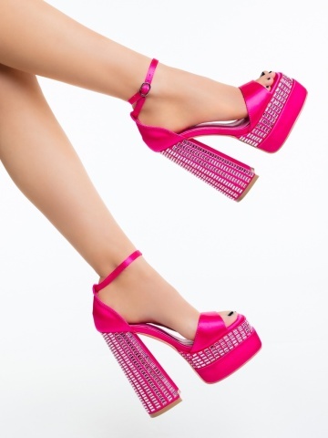 Sandale dama cu toc roz din material textil Evara - Img 3