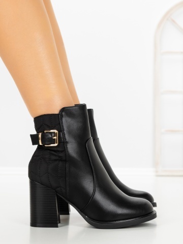 Botine dama cu toc gros negre din piele ecologica si material textil Anowen - Img 3