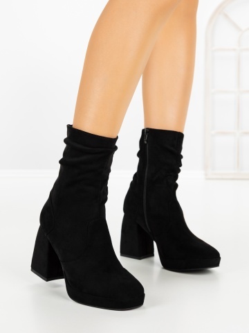 Botine dama cu toc gros si platforma negre din material textil Baisya