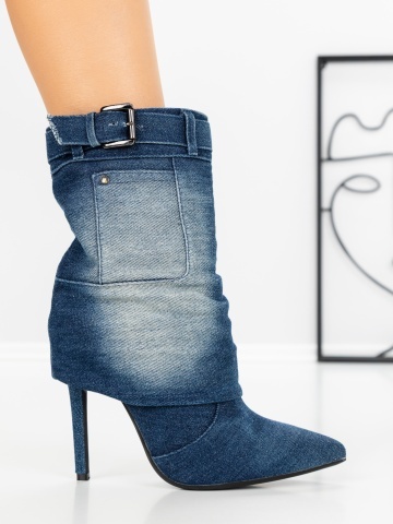 Botine dama cu toc subtire albastre din material textil Enadena - Img 5