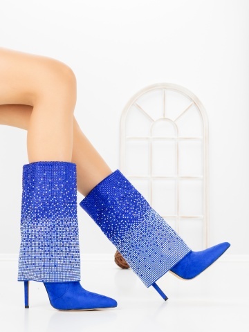 Botine dama cu toc subtire albastre din material textil Enalrae - Img 6