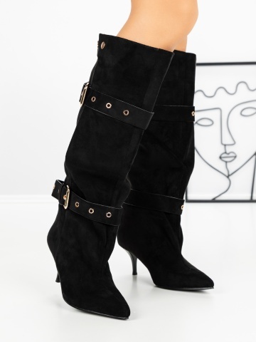 Cizme dama cu toc subtire negre din material textil Frarena