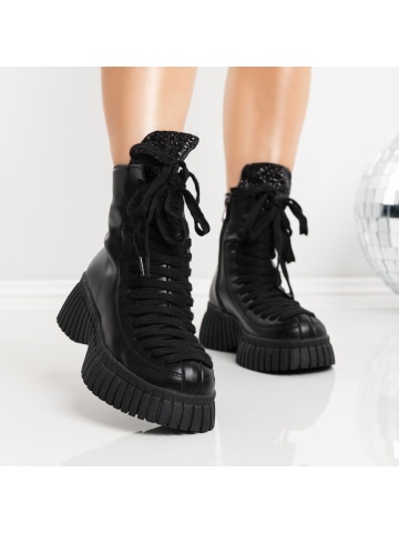 Ghete dama cu platforma negre din piele ecologica Elisha