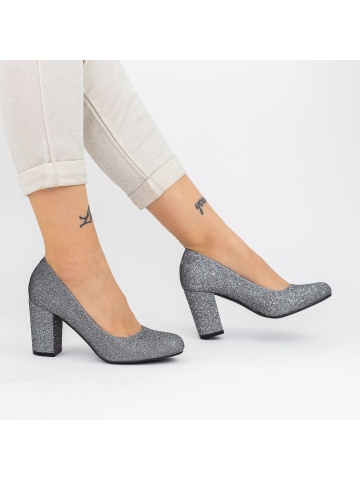 Pantofi cu toc gros gri metalizat din material textil si sclipici Darrys - Img 3