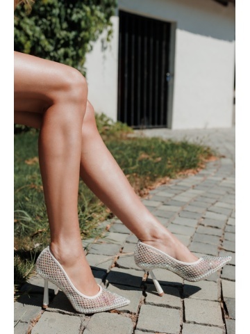 Pantofi dama cu toc albi din piele ecologica lacuita si material textil Nadania