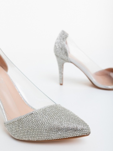 Pantofi dama cu toc argintii din material textil Sensoria - Img 5