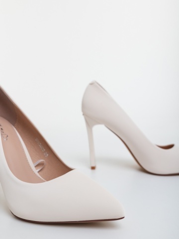 Pantofi dama cu toc bej din material textil Finja - Img 5