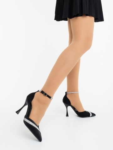 Pantofi dama cu toc negri din material textil Amazea