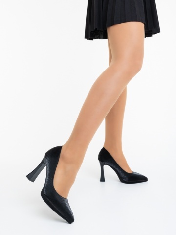 Pantofi dama cu toc negri din material textil Virza