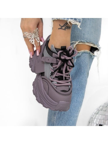 Pantofi sport dama cu platforma mov din material textil si piele ecologica Luxera - Img 3
