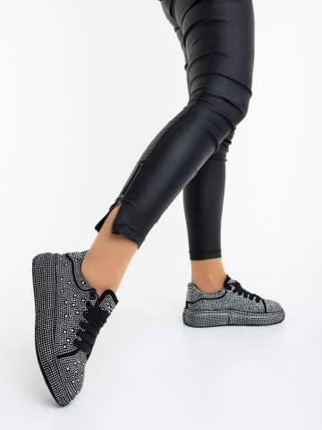 Pantofi sport dama negri cu alb din material textil cu aplicatii Dafara