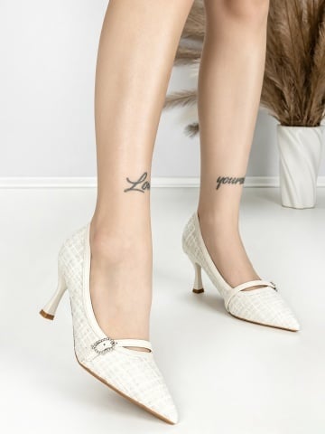 Pantofi stiletto albi din piele ecologica si material textil Tanzora