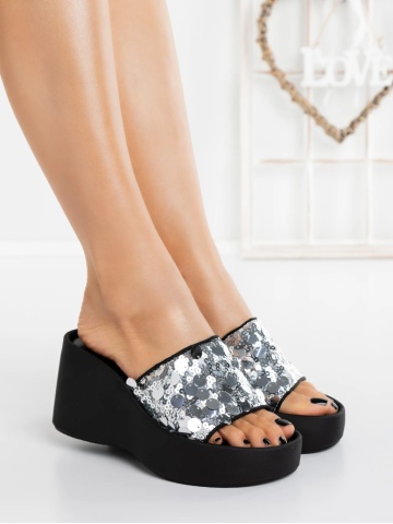Papuci dama cu platforma argintii din material textil Emamina - Img 3