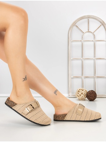 Papuci dama cu talpa joasa kaki din material textil si piele ecologica Liorah - Img 6