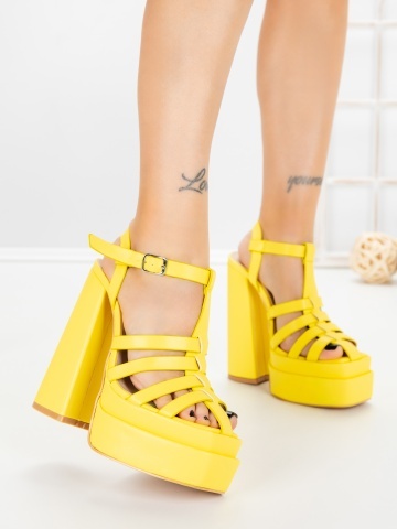 Sandale dama cu toc gros si platforma galbene din piele ecologica Holissa