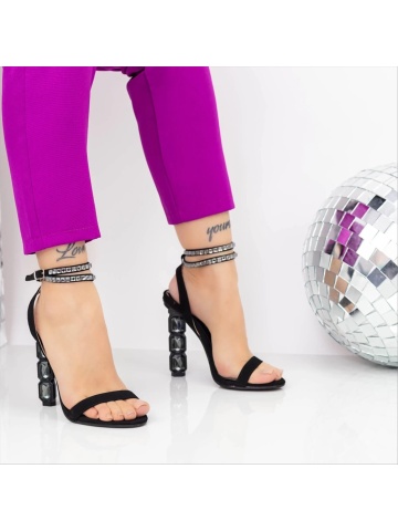 Sandale dama negre cu toc din material textil Agafya