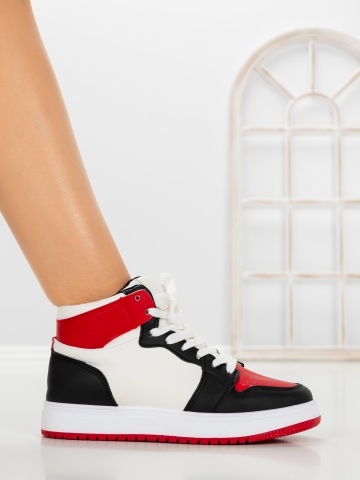 Sneakers dama negri cu alb si rosu din piele ecologica Ansira - Img 5
