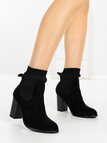 Botine dama cu toc gros negre din material textil Cutira