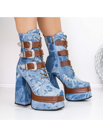 Botine dama cu toc gros si platforma albastre din material textil si piele ecologica Azbrae