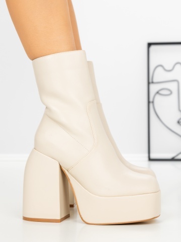 Botine dama cu toc gros si platforma bej din piele ecologica Esaerla - Img 3
