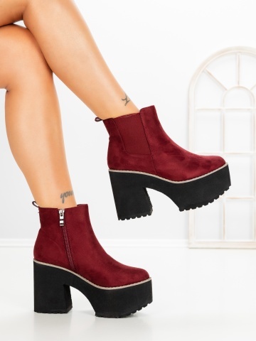 Botine dama cu toc gros si platforma visinii din material textil Browren - Img 4