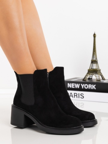 Botine dama cu toc negre din material textil Onava