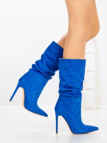 Botine dama cu toc subtire albastre din material textil Eladira - Img 6