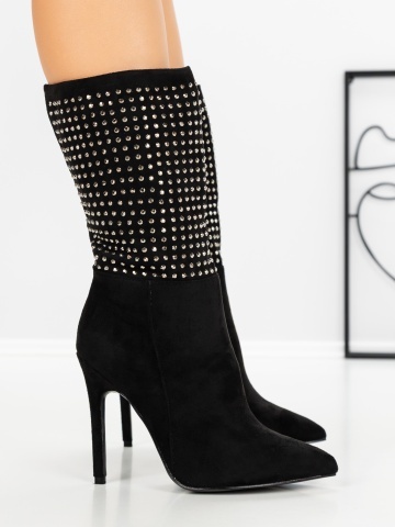 Botine dama cu toc subtire negre din material textil Colria - Img 3