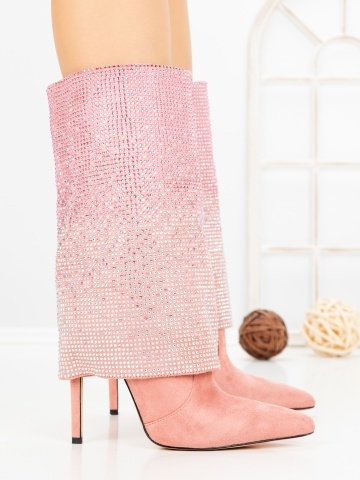 Botine dama cu toc subtire roz din material textil Enalrae - Img 3