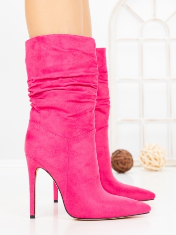Botine dama cu toc subtire roz din material textil Mirena - Img 3