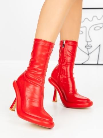 Botine dama cu toc subtire si platforma rosii din piele ecologica Birren