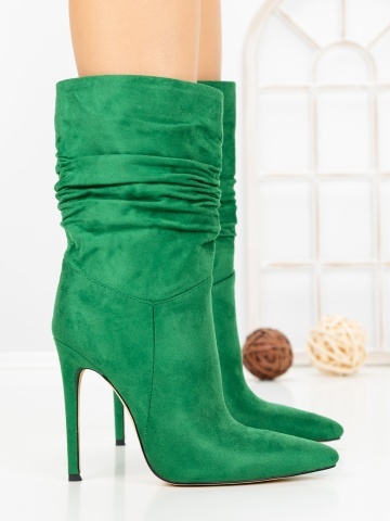 Botine dama cu toc subtire verzi din material textil Mirena - Img 3