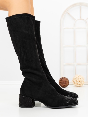 Cizme dama cu toc gros negre din material textil Bralira - Img 3