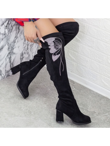 Cizme dama cu toc gros negre din material textil Edatena