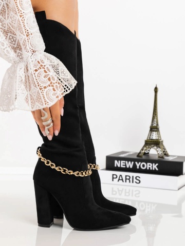 Cizme dama cu toc gros negre din material textil Evarena - Img 3