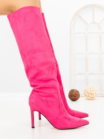 Cizme dama cu toc subtire roz din material textil Alorah - Img 3