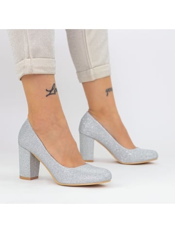 Pantofi cu toc gros argintii din material textil si sclipici Darrys