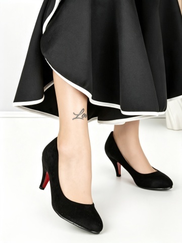 Pantofi cu toc gros rosii din material textil Marena
