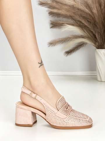 Pantofi cu toc gros roz din material textil Tanzaya - Img 5