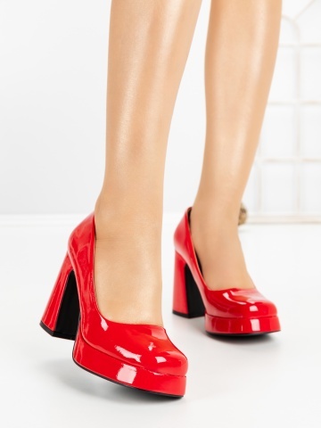 Pantofi cu toc gros si platforma rosii din piele ecologica Epavena
