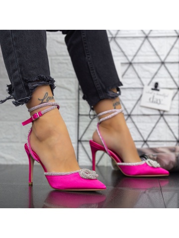 Pantofi cu toc subtire roz din material textil Evaelin