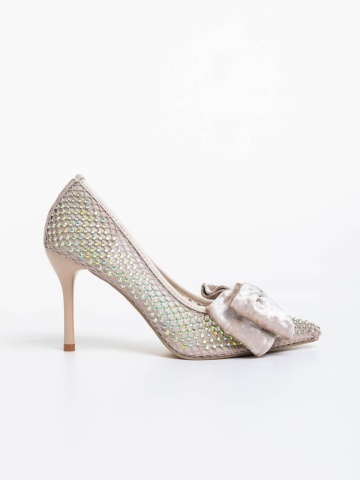 Pantofi dama bej cu toc din material textil Marliss - Img 4
