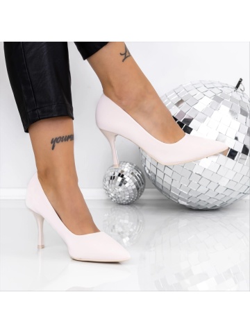 Pantofi dama cu toc bej din material textil Lizana