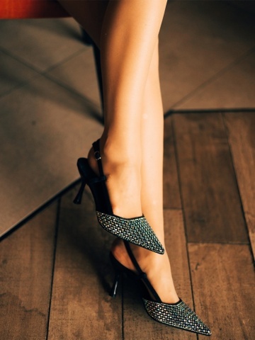 Pantofi dama cu toc negri din material textil Corezza